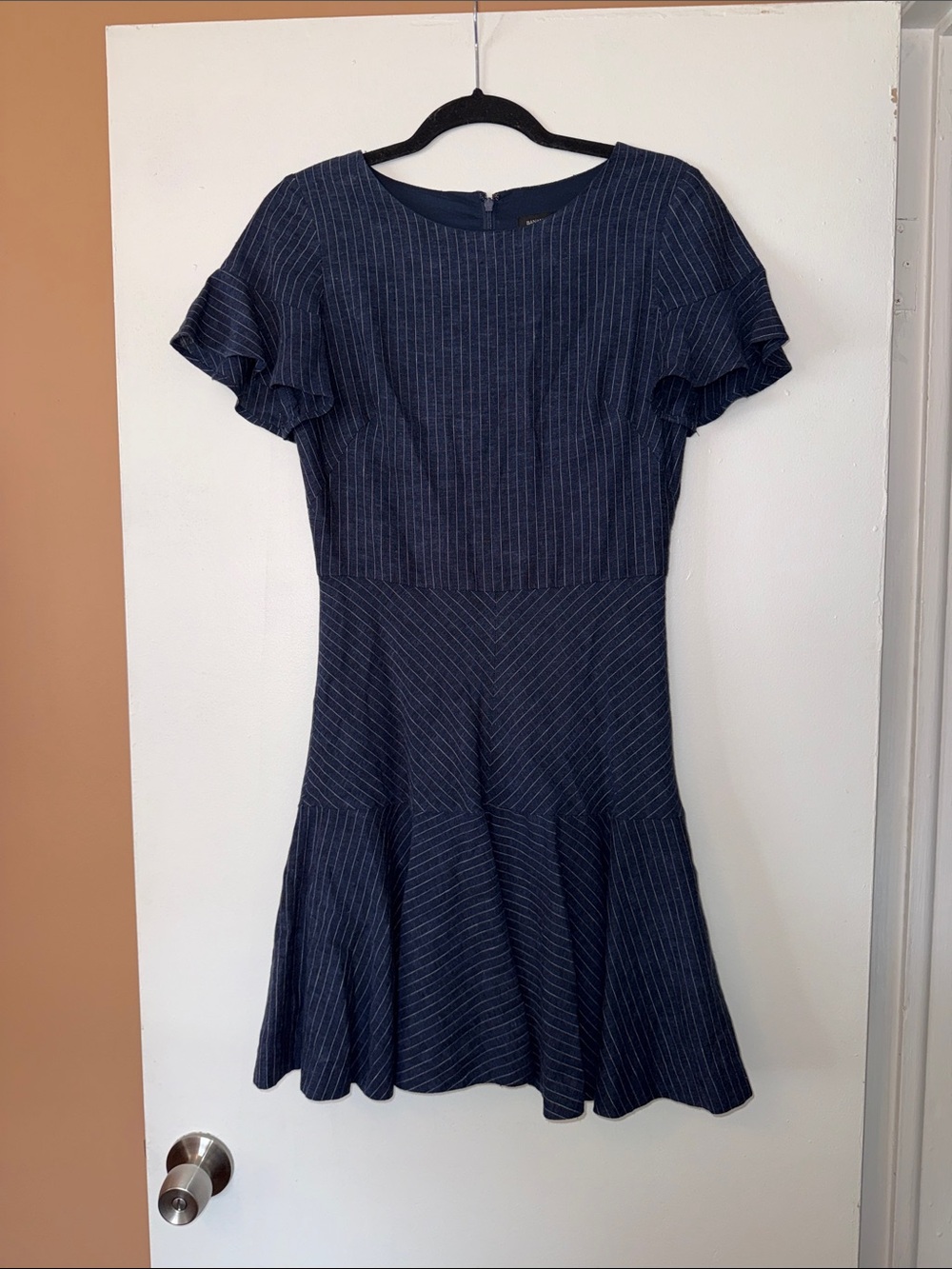 Banana Republic Linen Classic Navy Pinstripe Fit & Flare Mini Dress